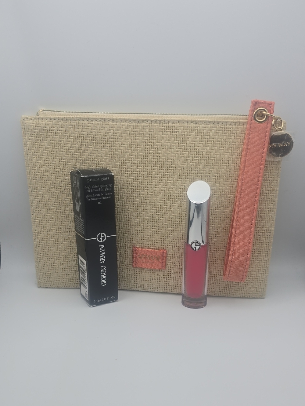 Giorgio Armani Lip Gloss 02 W Coral-Pink Straw Med Makeup Wristlet Set (NWT)💓✨️